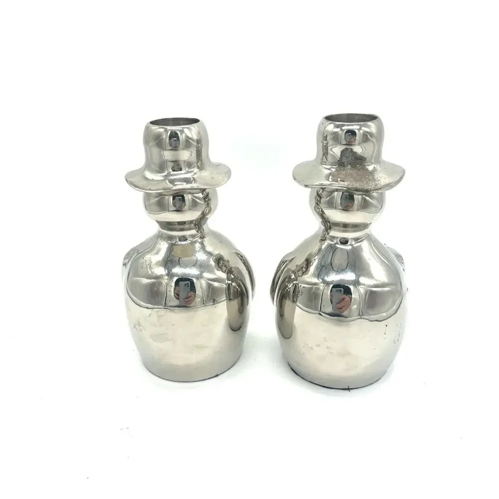 Crate & Barrel Set Silver Snowman Candle Taper Holders Heavy Winter Holiday 2